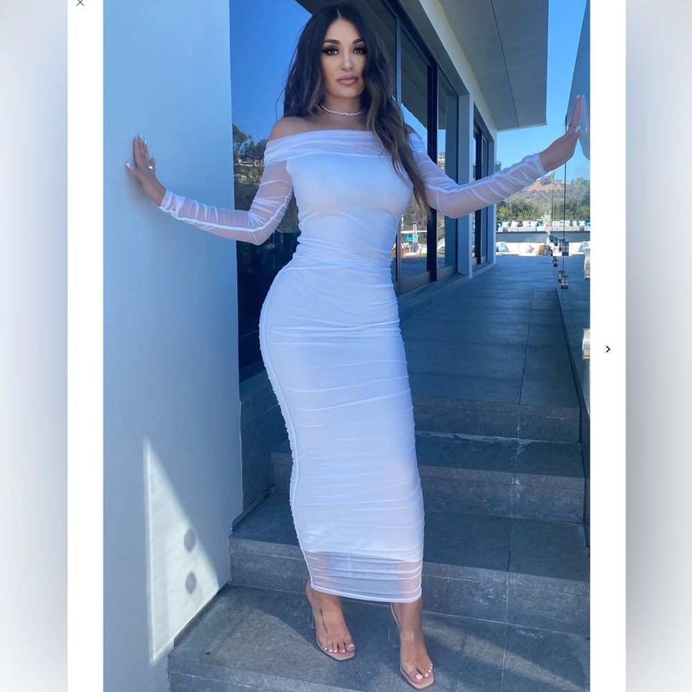 Fashion Nova White Ruched Off-Shoulder Bodycon Dress
